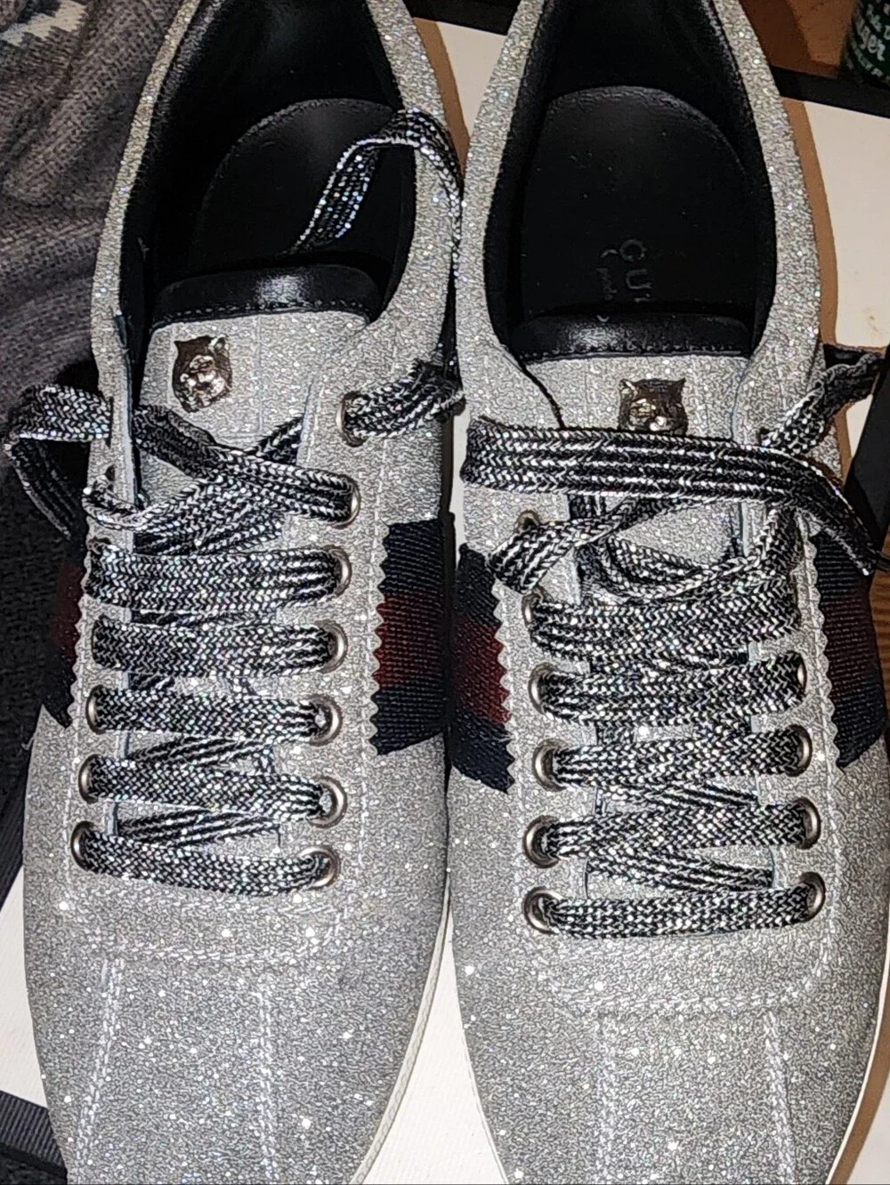 Gucci Silver Glitter Low-Top Sneaker with Red & Blue Stripe